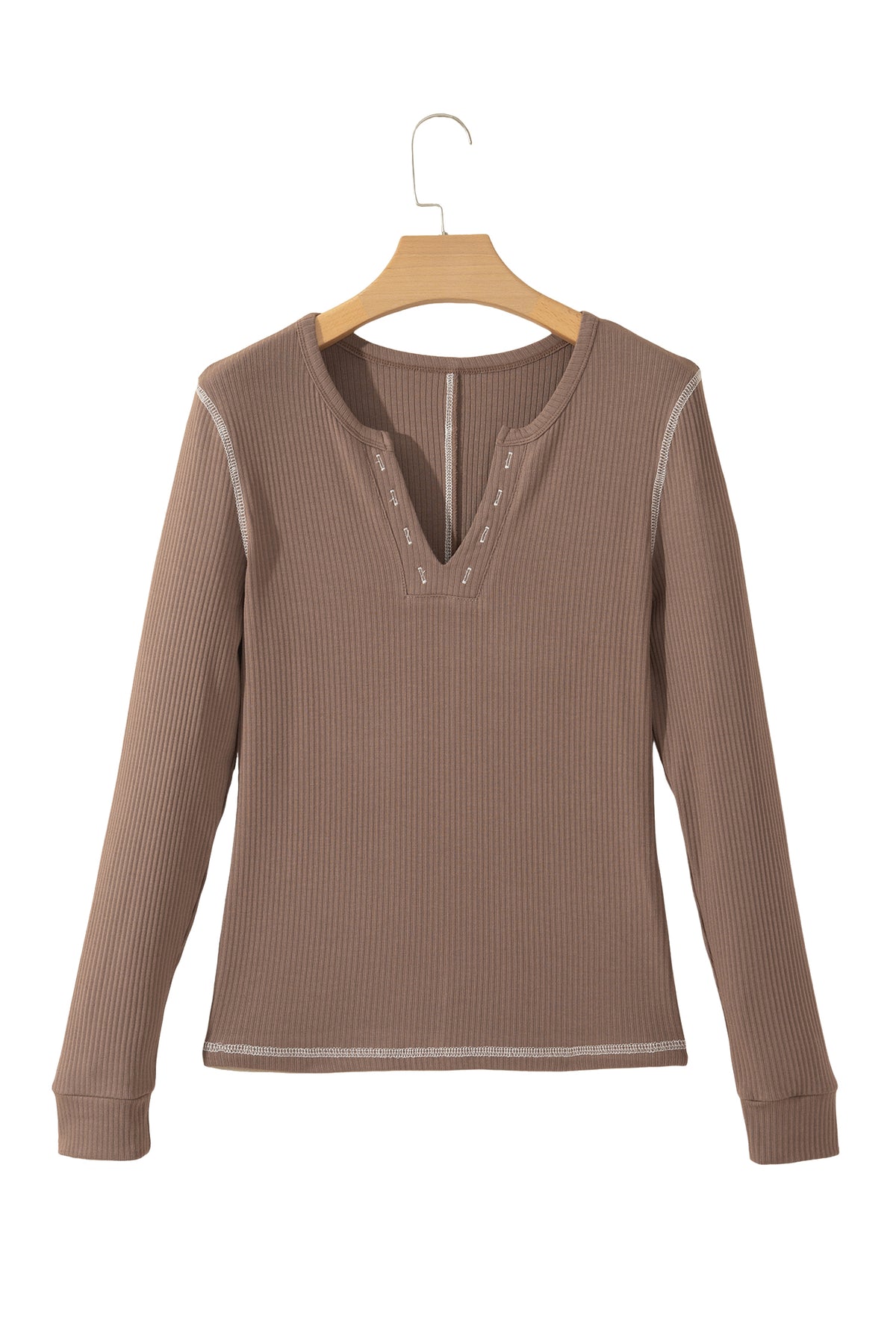 Dark Khaki V Neck Ribbed Long Sleeve Top