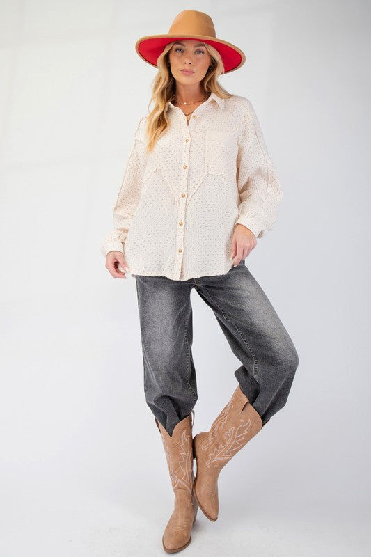 Cream Printed Cotton Gauze Button Down Shirt