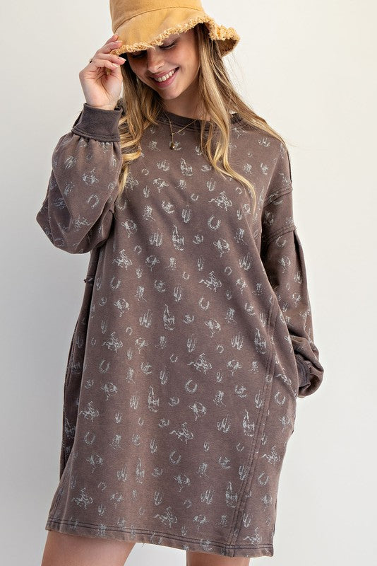 Western Print Washed Terry Pullover Dress