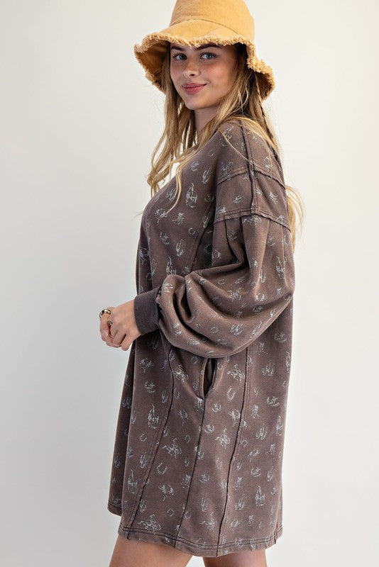 Western Print Washed Terry Pullover Dress