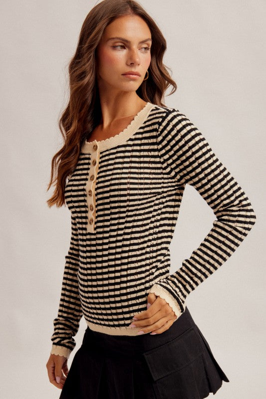 Strip Knit Henley Top