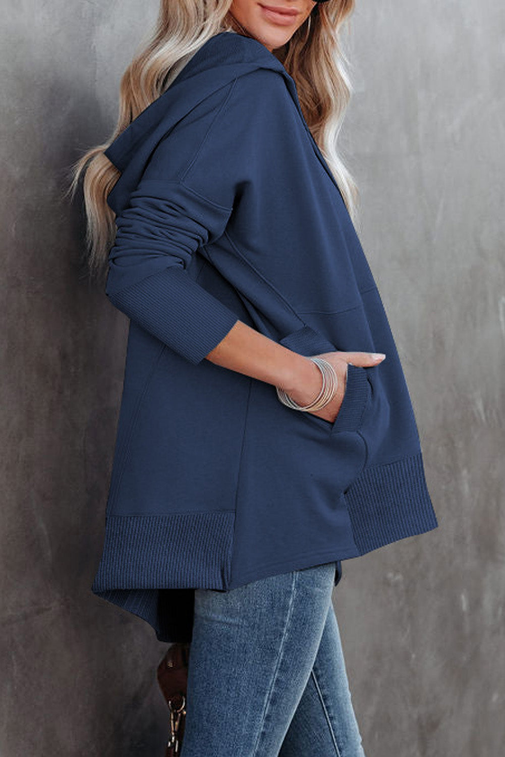 Gray Batwing Sleeve Pocketed Henley Hoodie