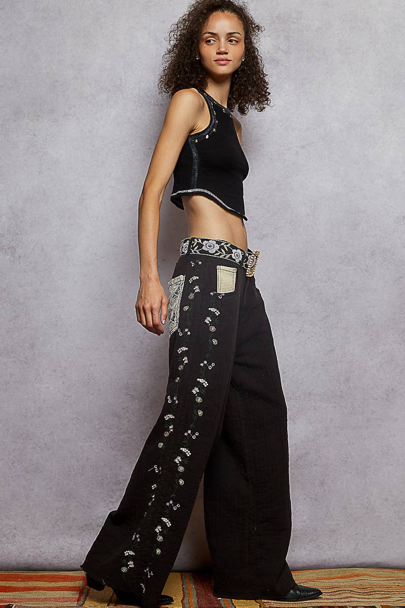 Contrast lace detail double gauze woven pants