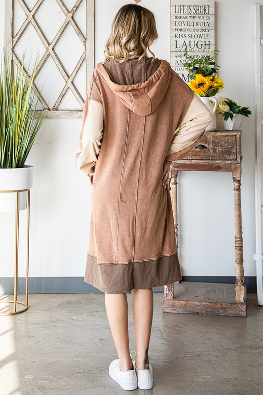 WASHED DRAWSTRING HOODED CONTRAST TUNIC DRESS