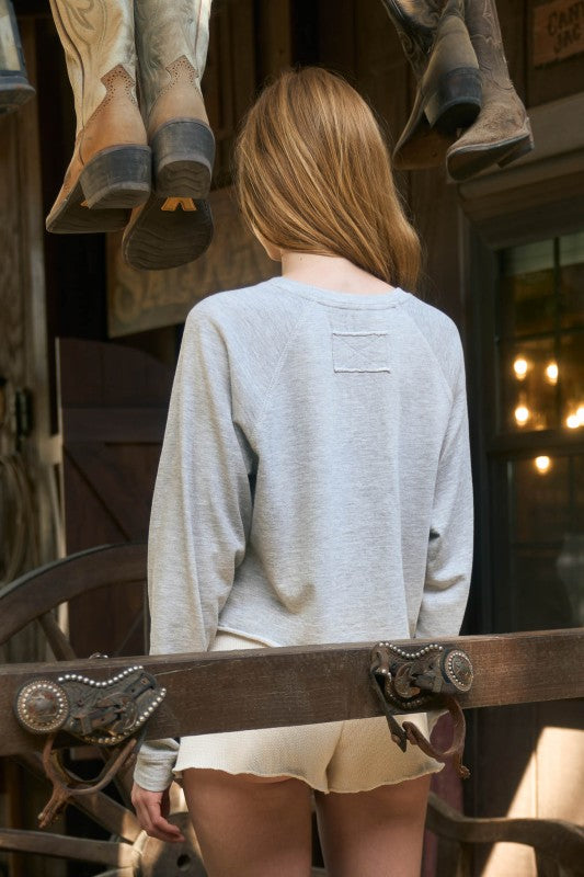 USA Flag Long Sleeve Raw Hem Knit Cropped Top