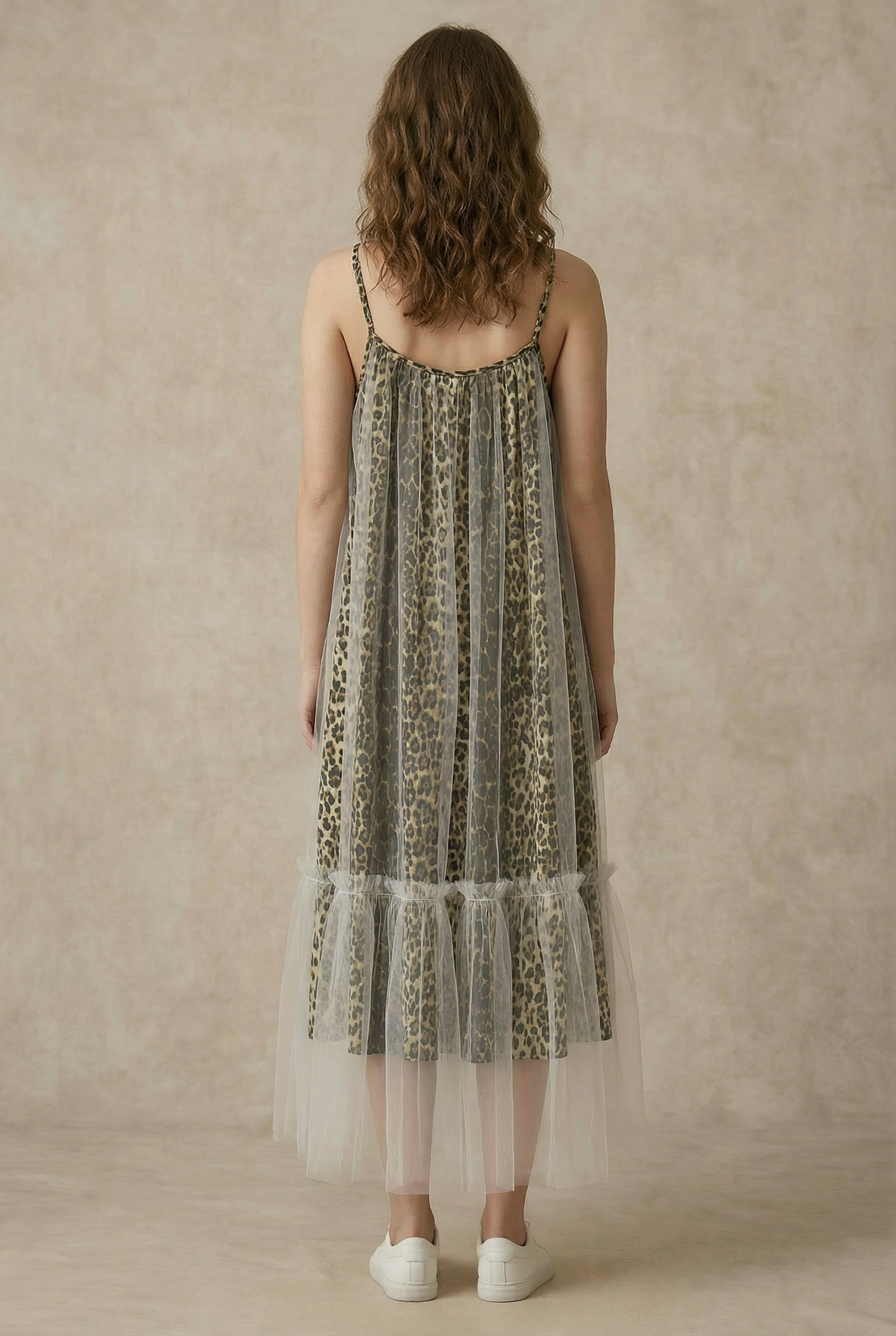 LEOPARD PRINT MESH DRESS WITH TULLE OVERLAY