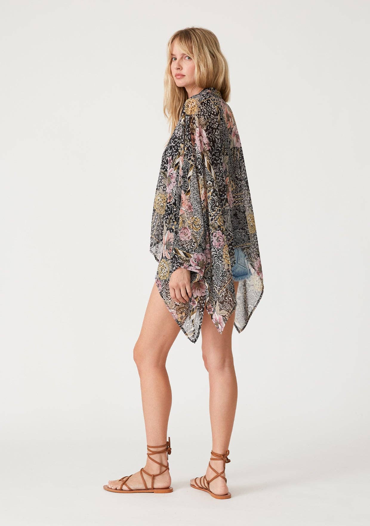Sheer Floral Asymmetric Button Front Blouse: Black/Dusty Peach