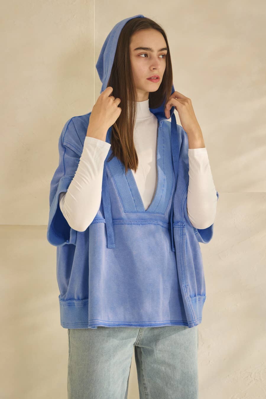 Acid Washed Deep V-neck Hooded Pullover: Washed Mustard / L