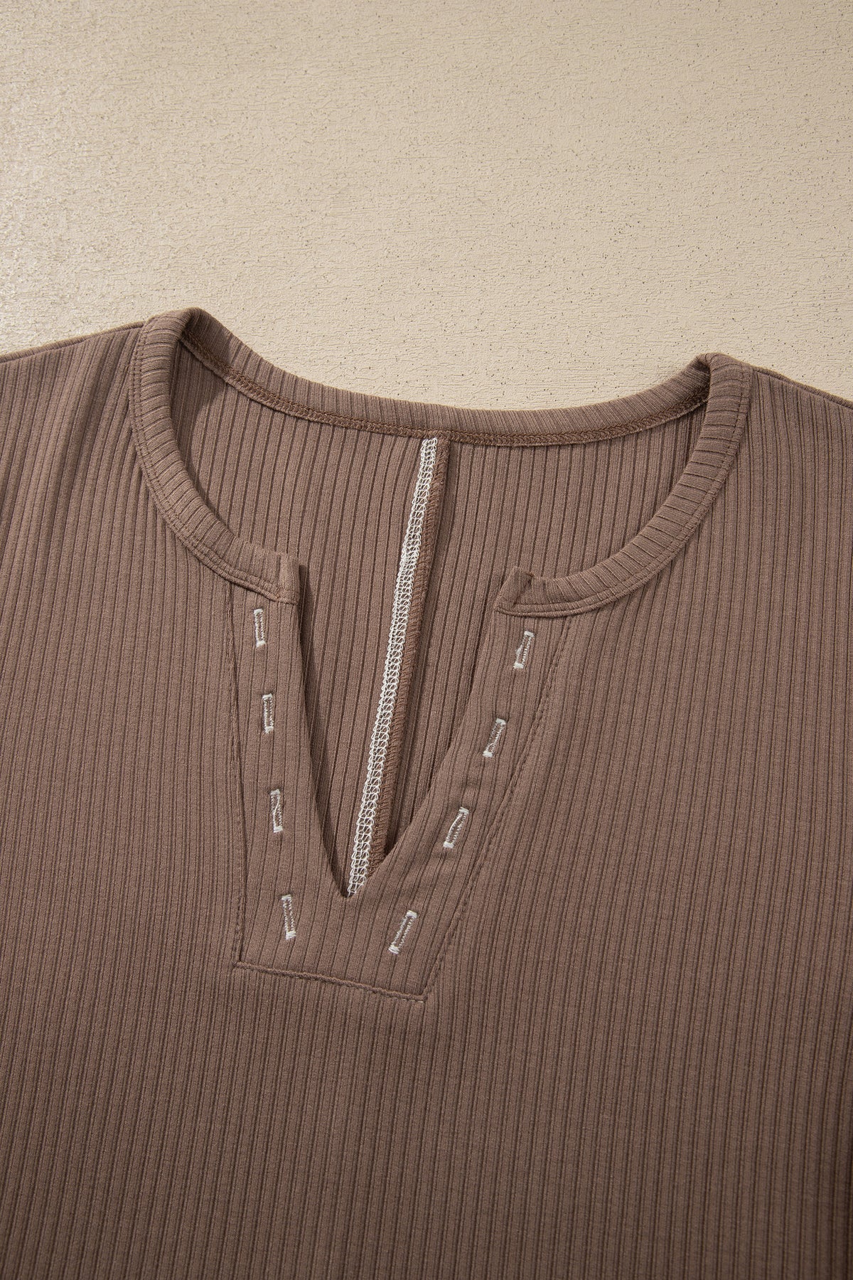 Dark Khaki V Neck Ribbed Long Sleeve Top