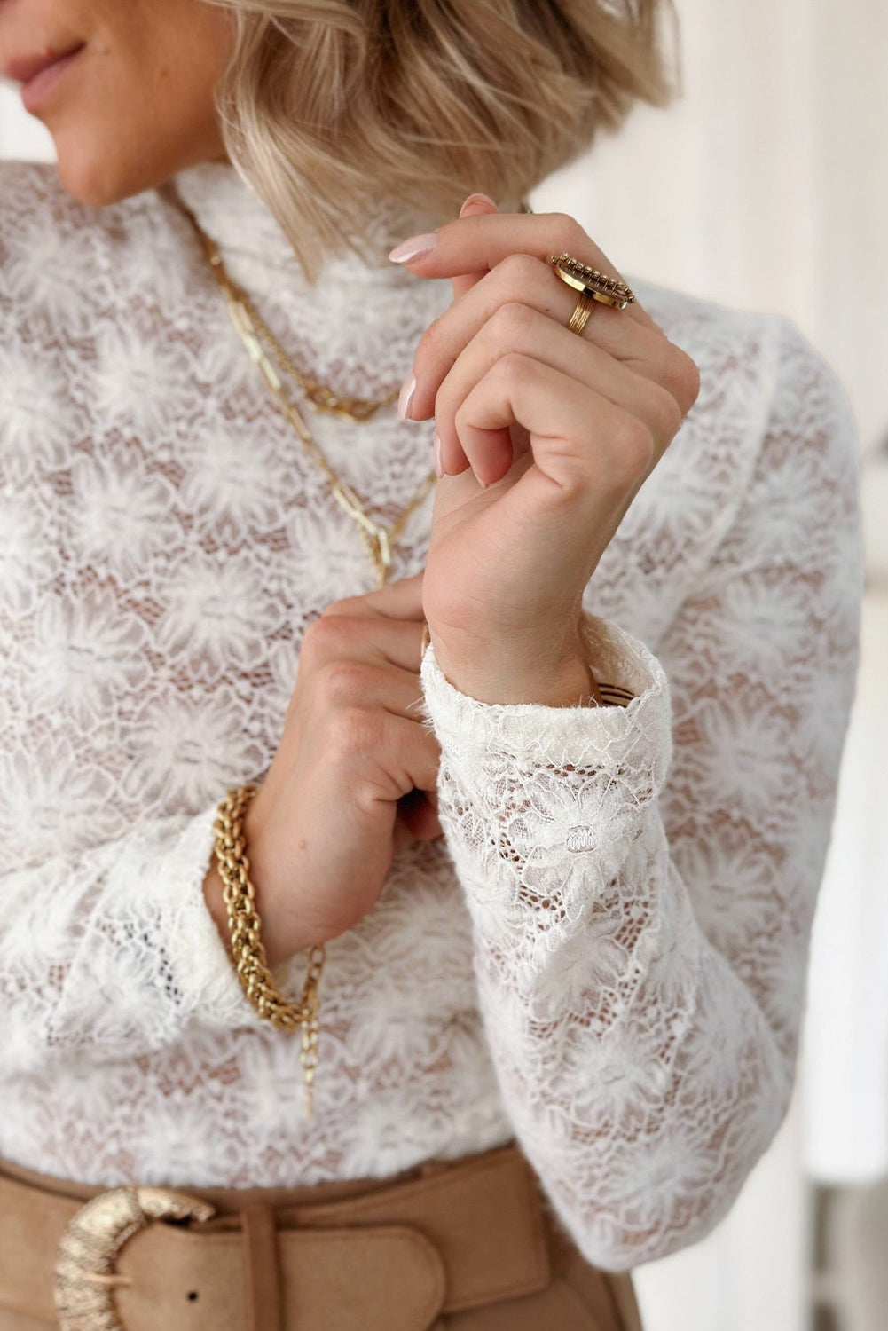 Black Floral Lace High Neck Long Sleeve Top
