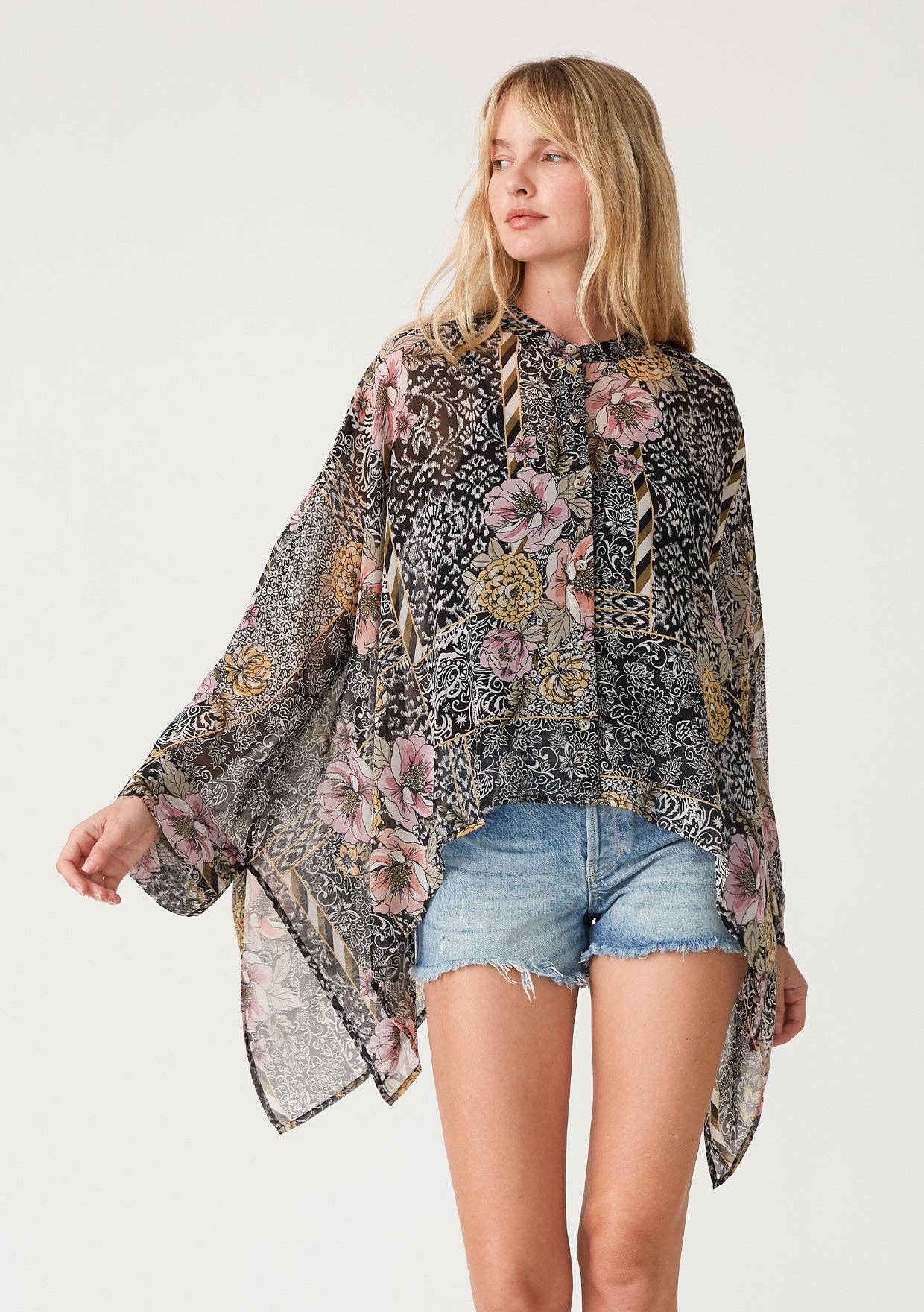 Sheer Floral Asymmetric Button Front Blouse: Black/Dusty Peach