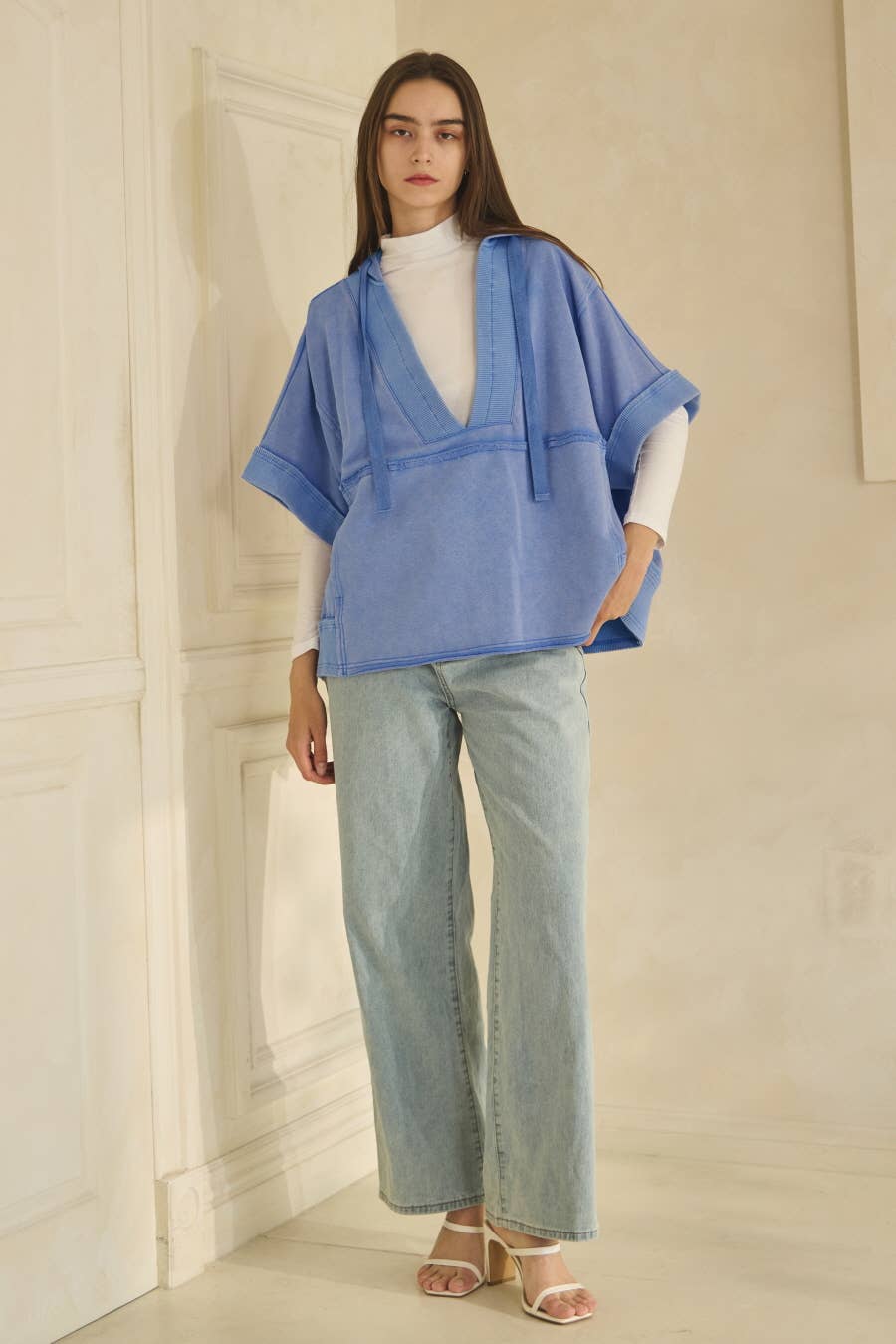 Acid Washed Deep V-neck Hooded Pullover: Washed Mustard / L