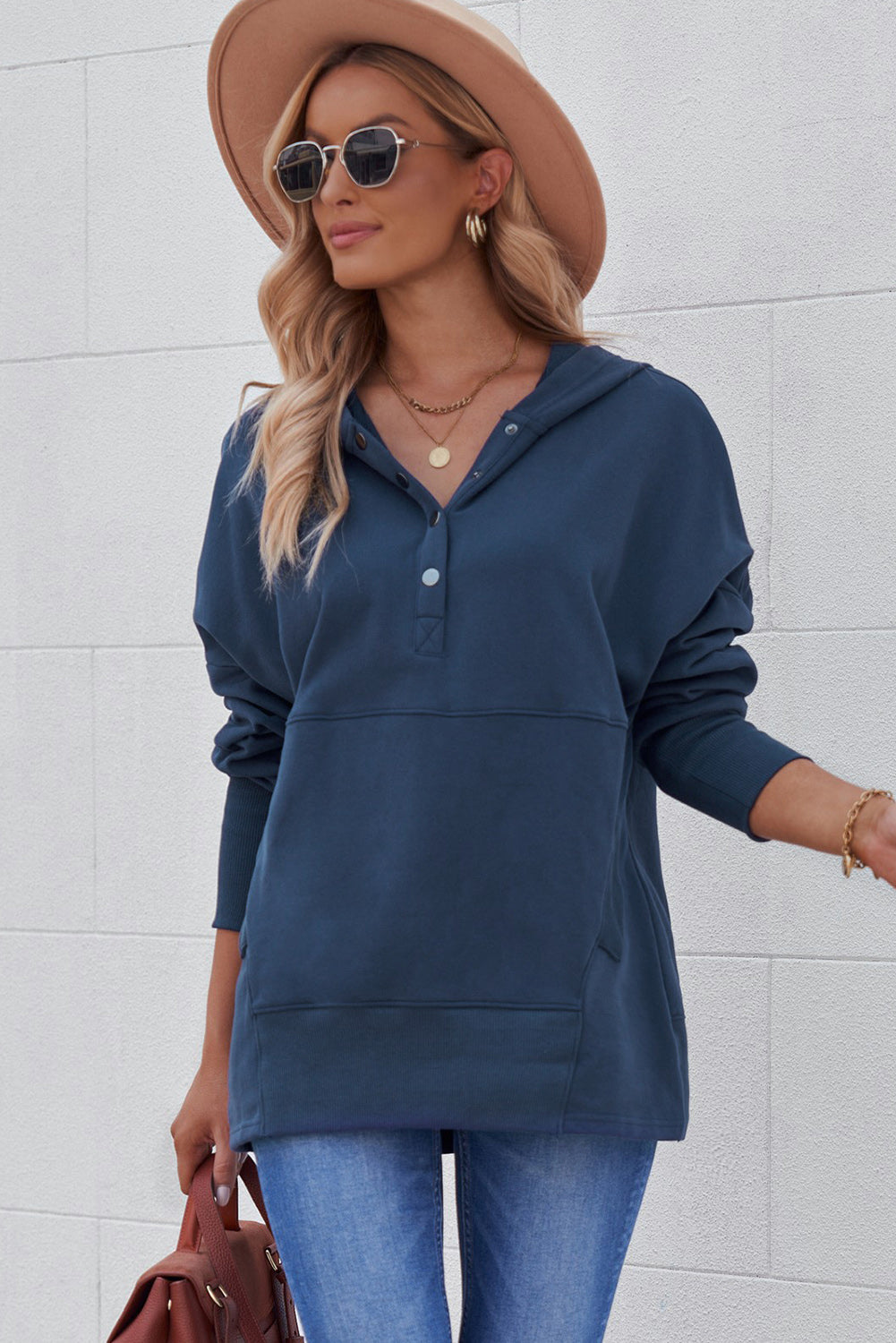 Gray Batwing Sleeve Pocketed Henley Hoodie