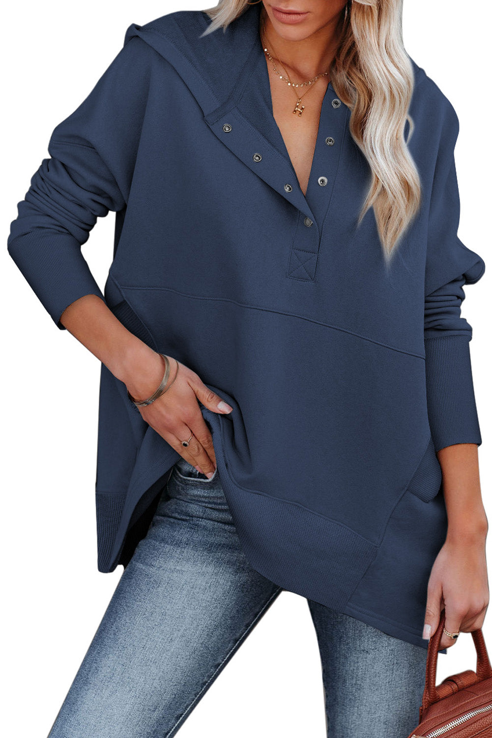Gray Batwing Sleeve Pocketed Henley Hoodie