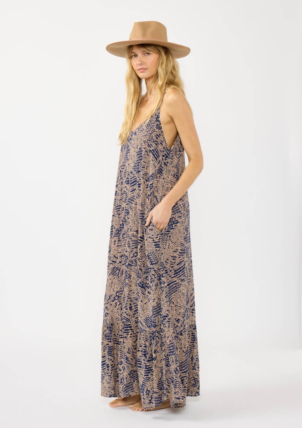 Spaghetti Strap Tiered Maxi Dress. Navy/Natural