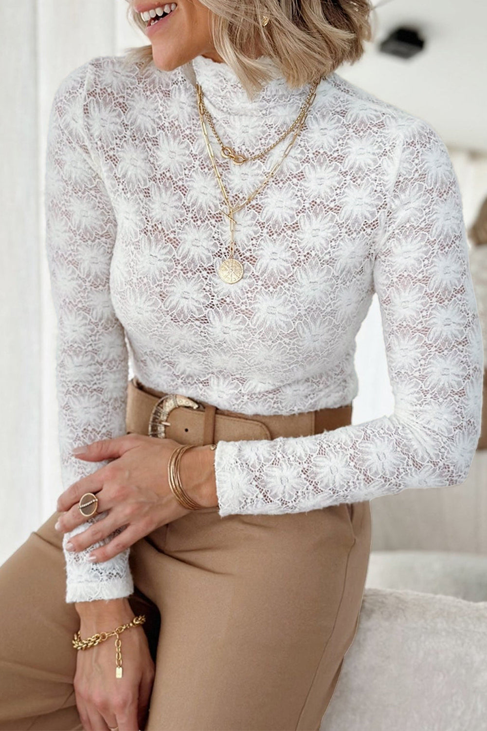 Black Floral Lace High Neck Long Sleeve Top