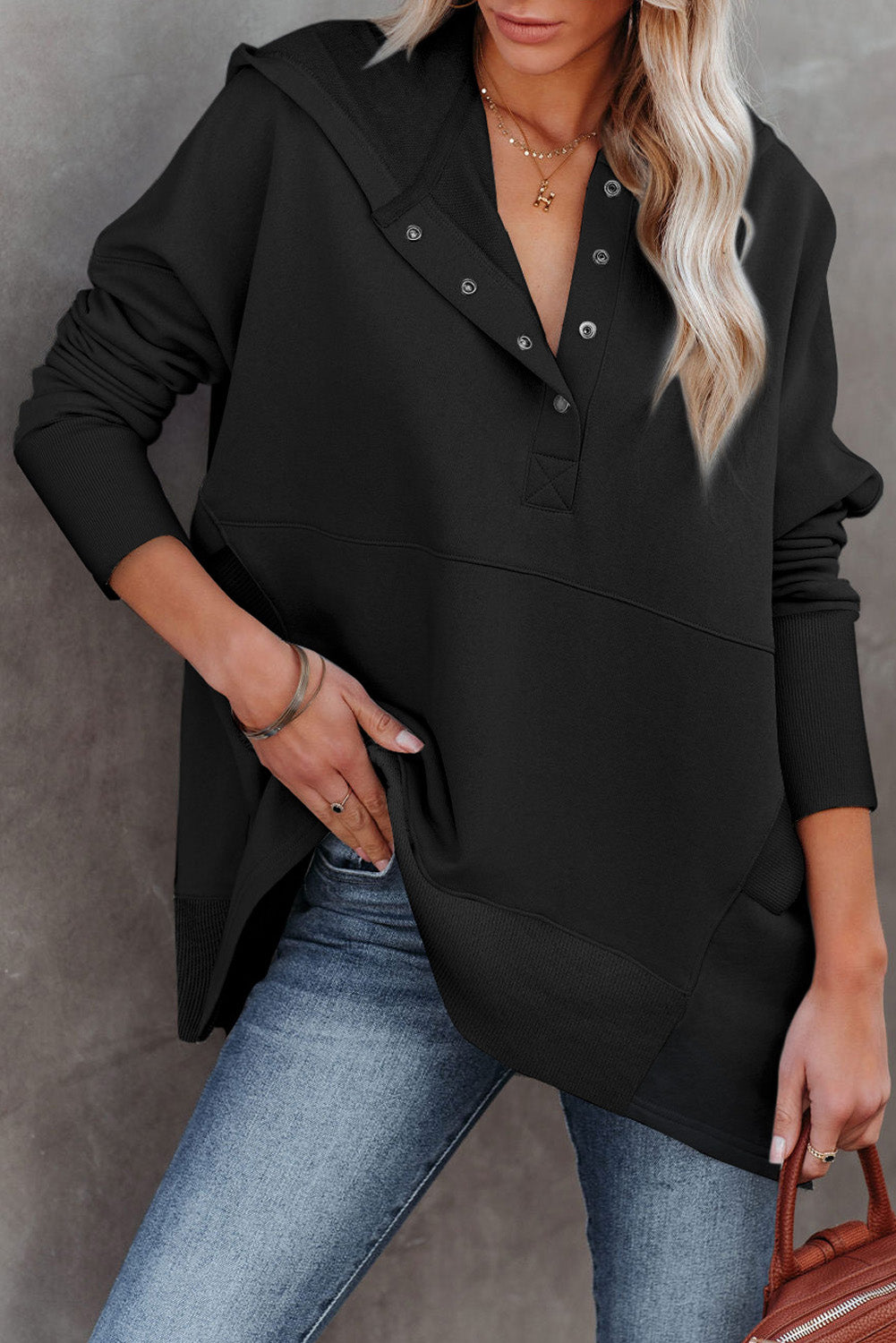 Gray Batwing Sleeve Pocketed Henley Hoodie