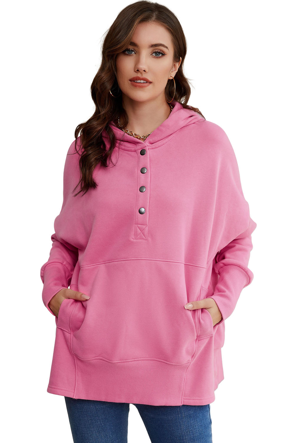 Gray Batwing Sleeve Pocketed Henley Hoodie