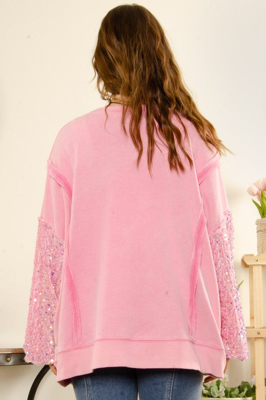 Pink Sequin Sleeve Detail Oversized Mineral-washed Sweatshirt