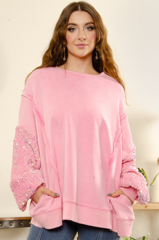 Pink Sequin Sleeve Detail Oversized Mineral-washed Sweatshirt