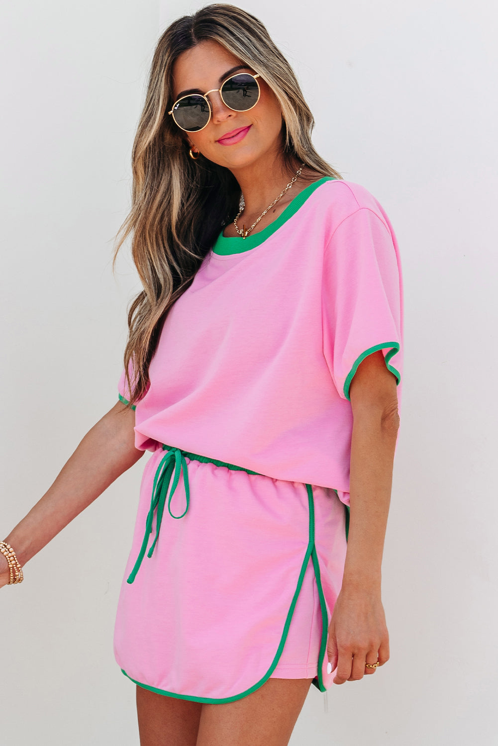 Rose Red Colorblock Edge Drop Shoulder T Shirt and Skort 2Pcs Set