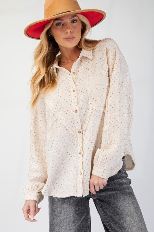 Cream Printed Cotton Gauze Button Down Shirt