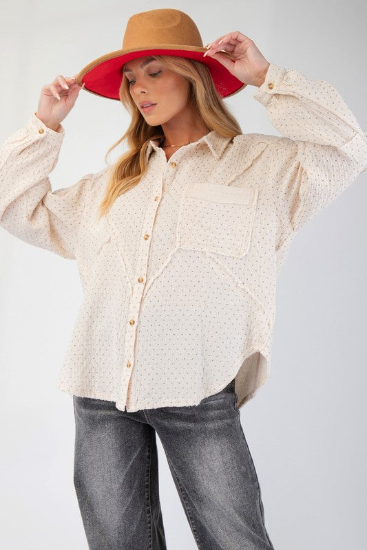 Cream Printed Cotton Gauze Button Down Shirt