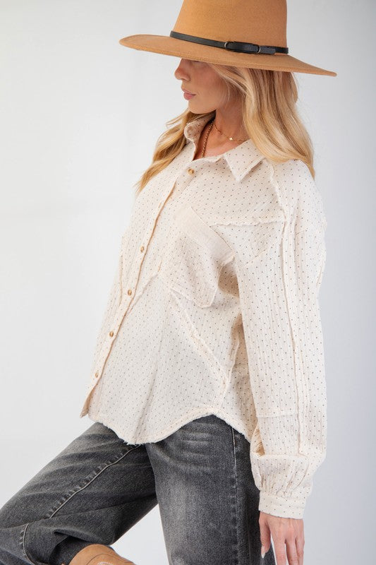 Cream Printed Cotton Gauze Button Down Shirt