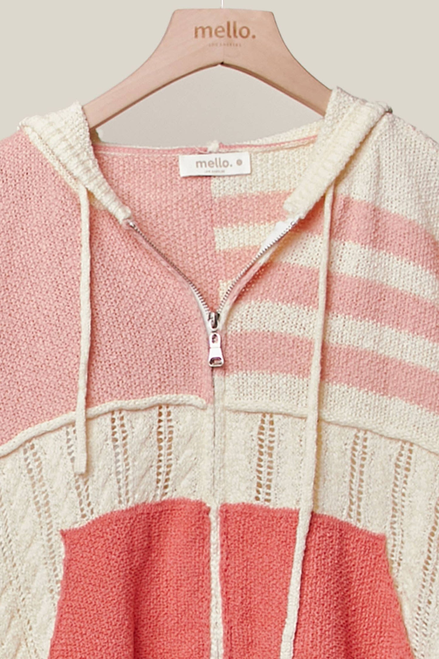 Stripe Distressed Knit Hoodie Coral