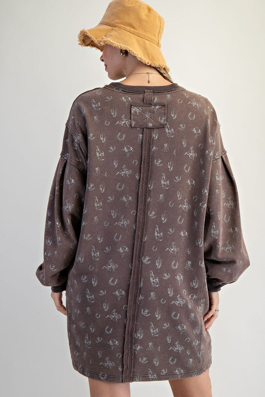 Western Print Washed Terry Pullover Dress