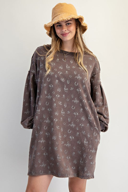 Western Print Washed Terry Pullover Dress
