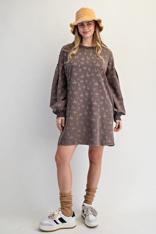 Western Print Washed Terry Pullover Dress