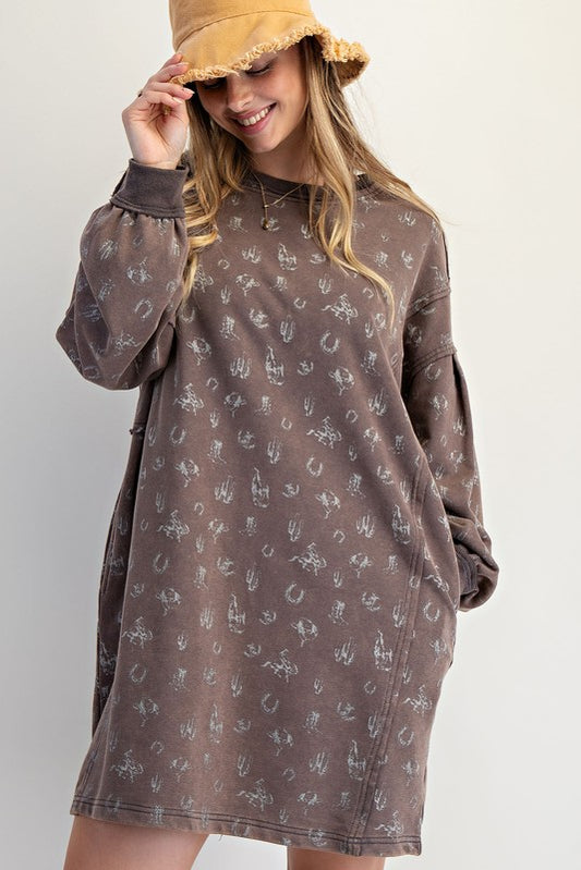Western Print Washed Terry Pullover Dress
