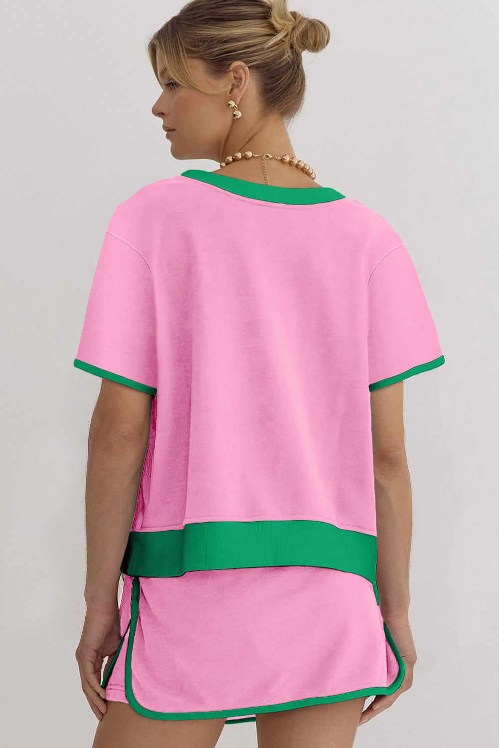 Rose Red Colorblock Edge Drop Shoulder T Shirt and Skort 2Pcs Set