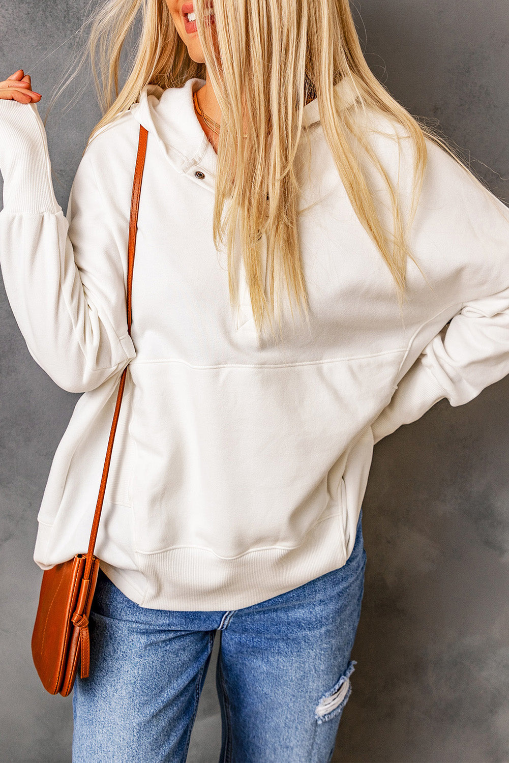 Gray Batwing Sleeve Pocketed Henley Hoodie
