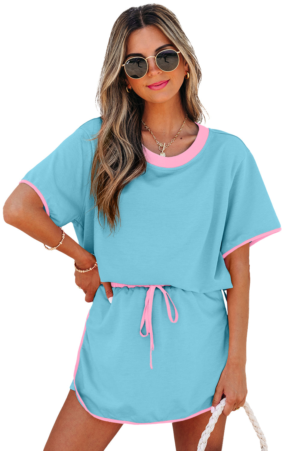 Rose Red Colorblock Edge Drop Shoulder T Shirt and Skort 2Pcs Set