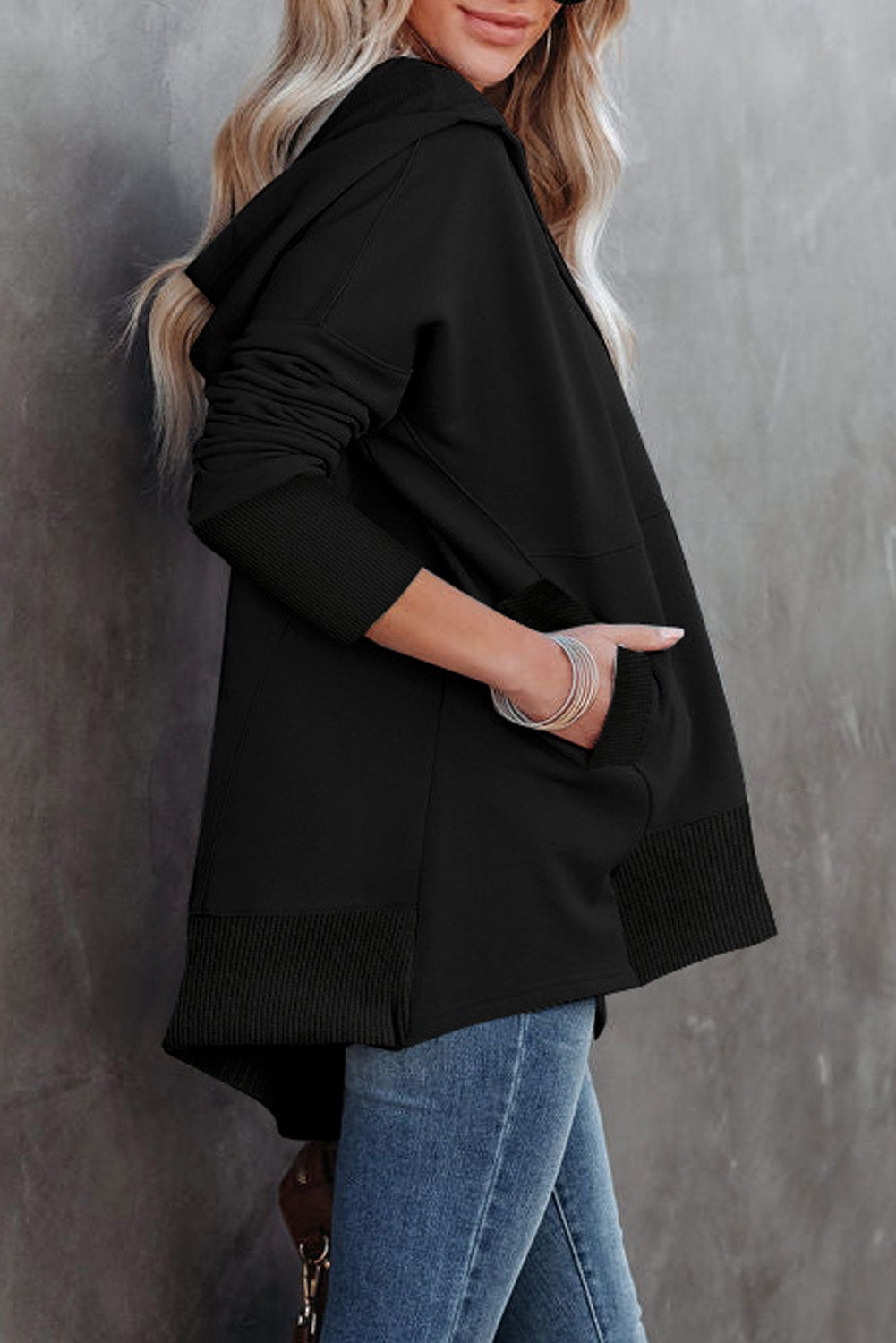 Gray Batwing Sleeve Pocketed Henley Hoodie