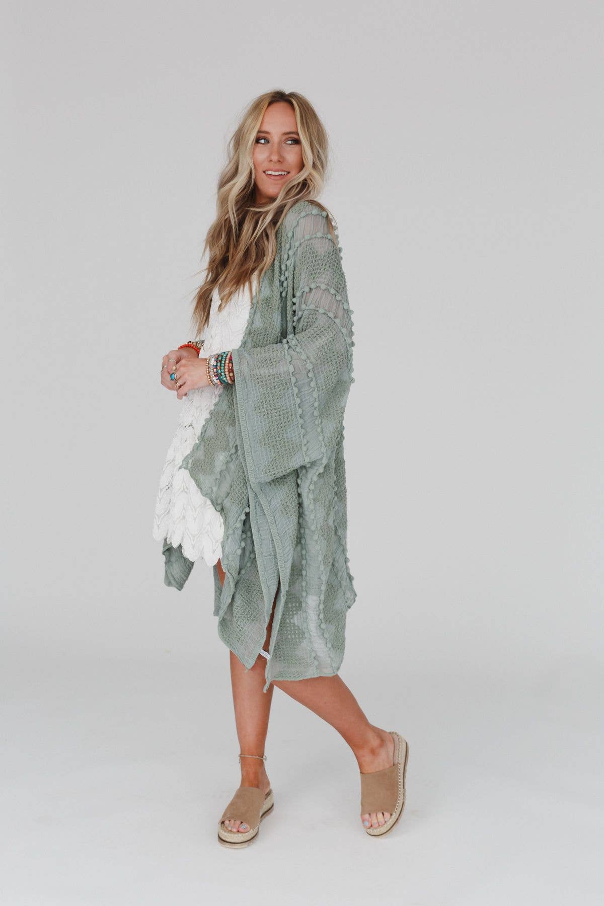 Bali Embroidered Kimono - Sage: OS