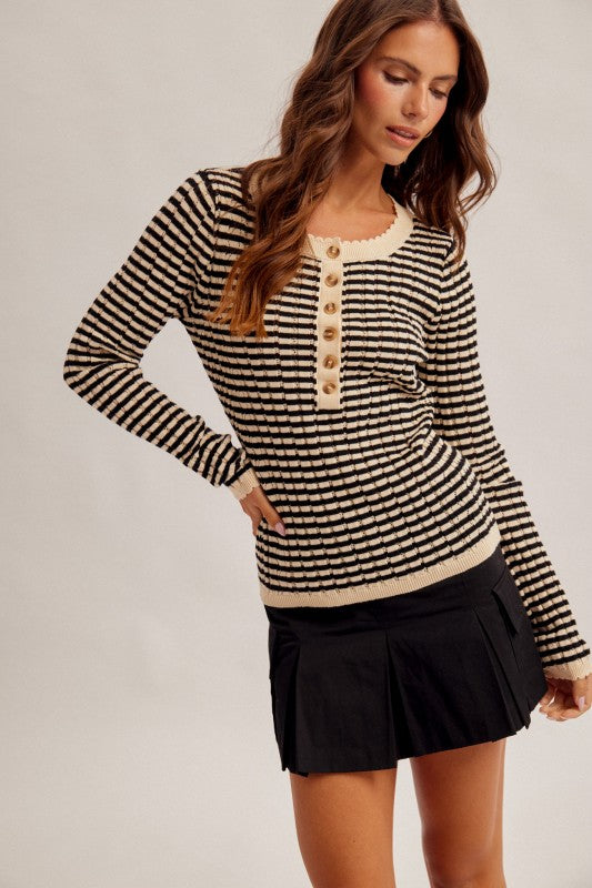 Strip Knit Henley Top