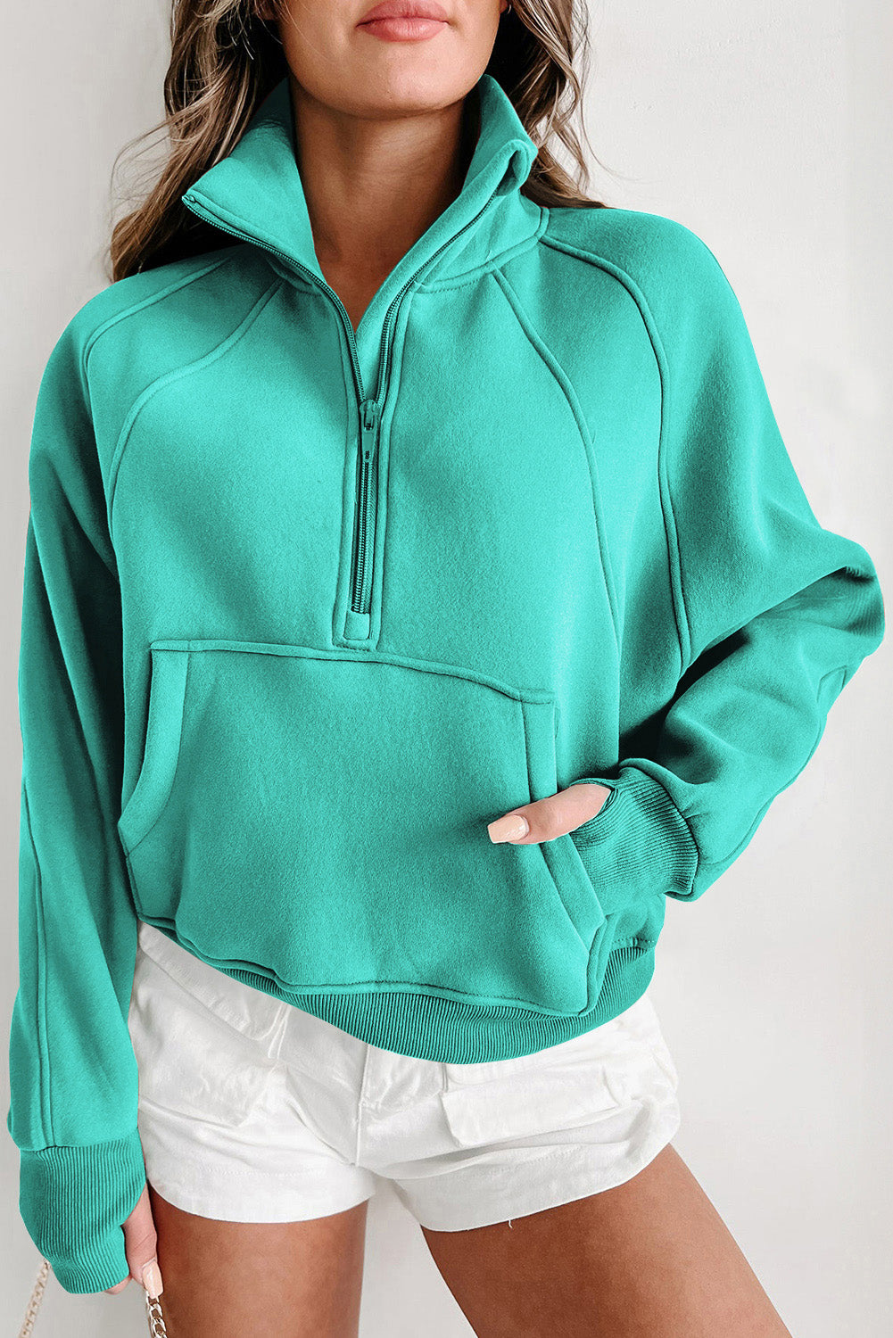 Bonbon Fleece Lined Zip Up Stand Collar Thumbhole Sleeve Sweatshirt