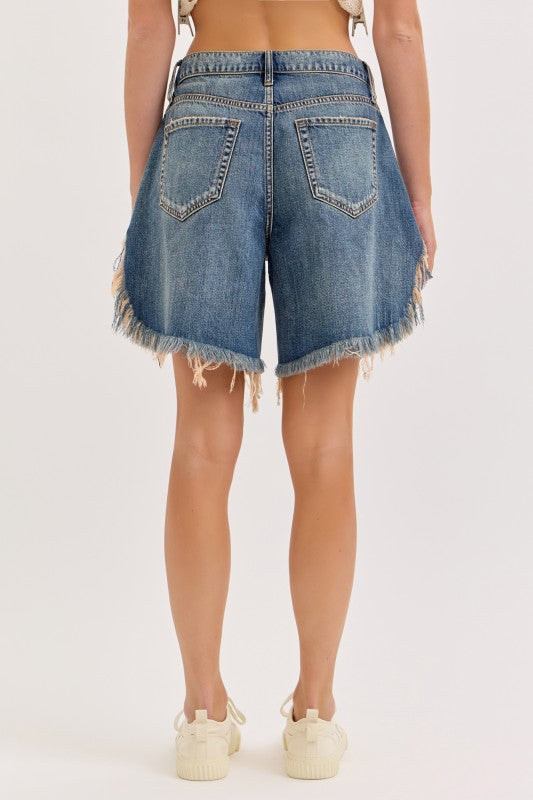 Mid Rise Distressed Denim Shorts