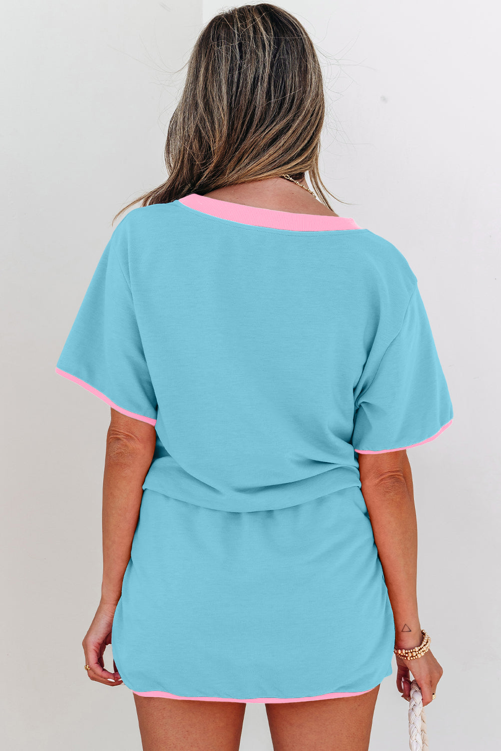 Rose Red Colorblock Edge Drop Shoulder T Shirt and Skort 2Pcs Set