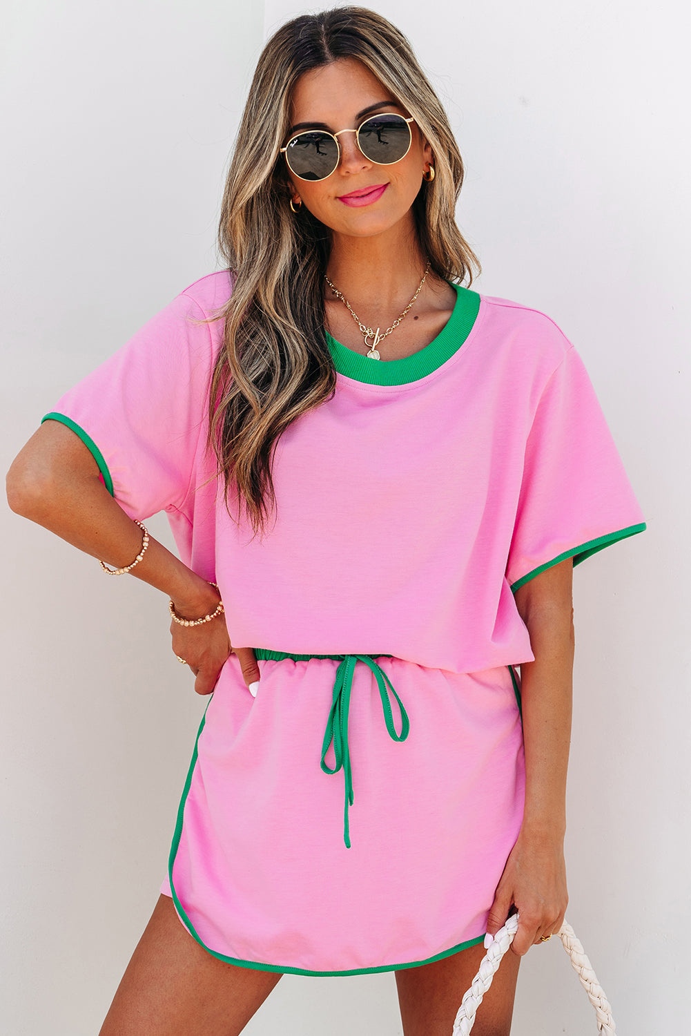 Rose Red Colorblock Edge Drop Shoulder T Shirt and Skort 2Pcs Set