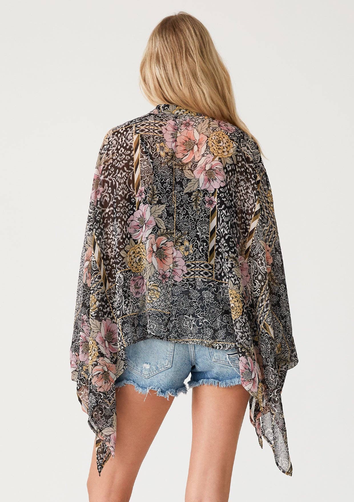 Sheer Floral Asymmetric Button Front Blouse: Black/Dusty Peach