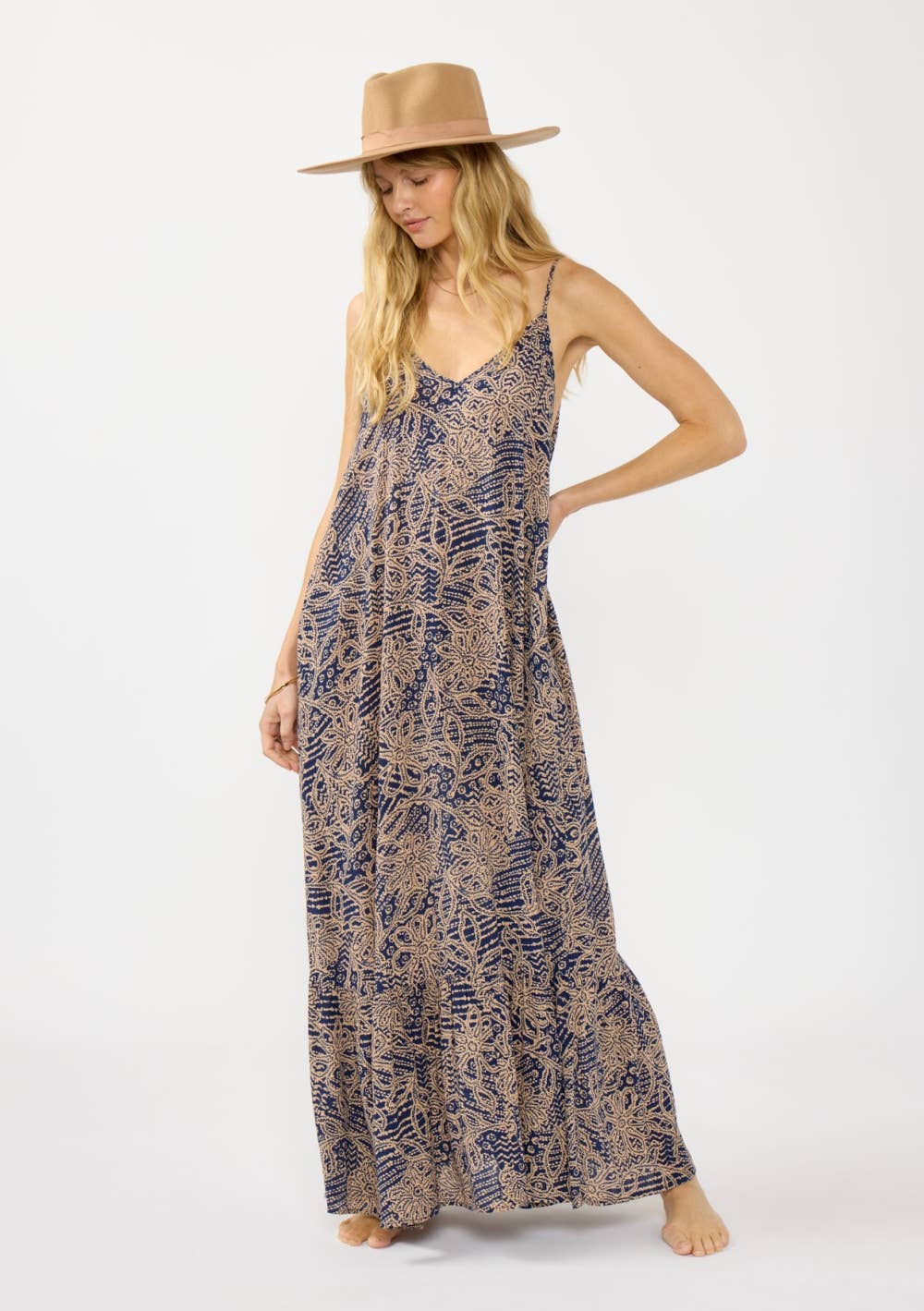 Spaghetti Strap Tiered Maxi Dress. Navy/Natural