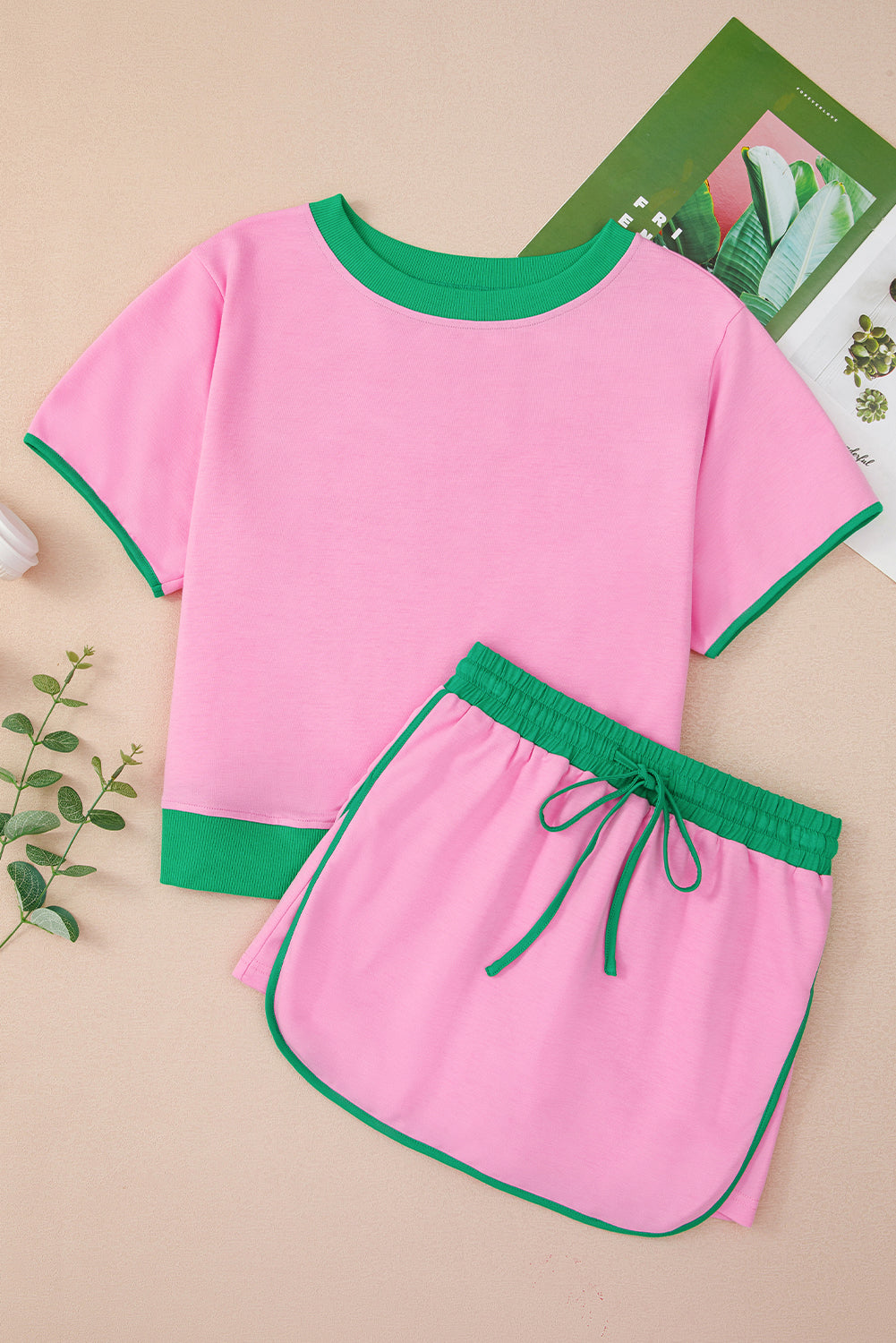 Rose Red Colorblock Edge Drop Shoulder T Shirt and Skort 2Pcs Set