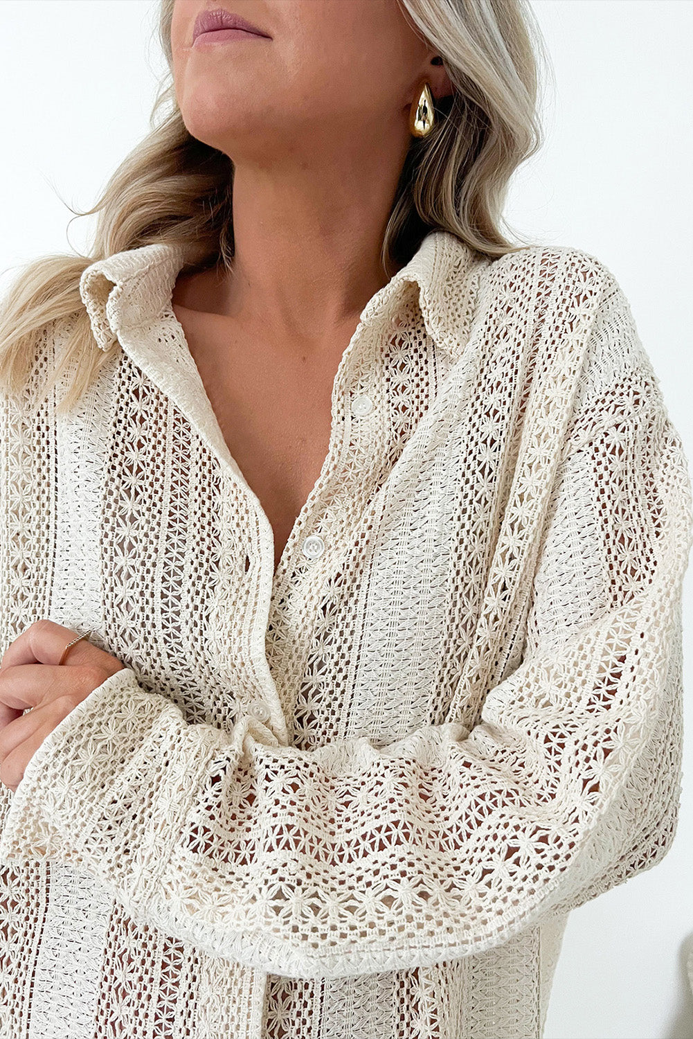 Black Lace Crochet Collared Tunic Oversized Shirt