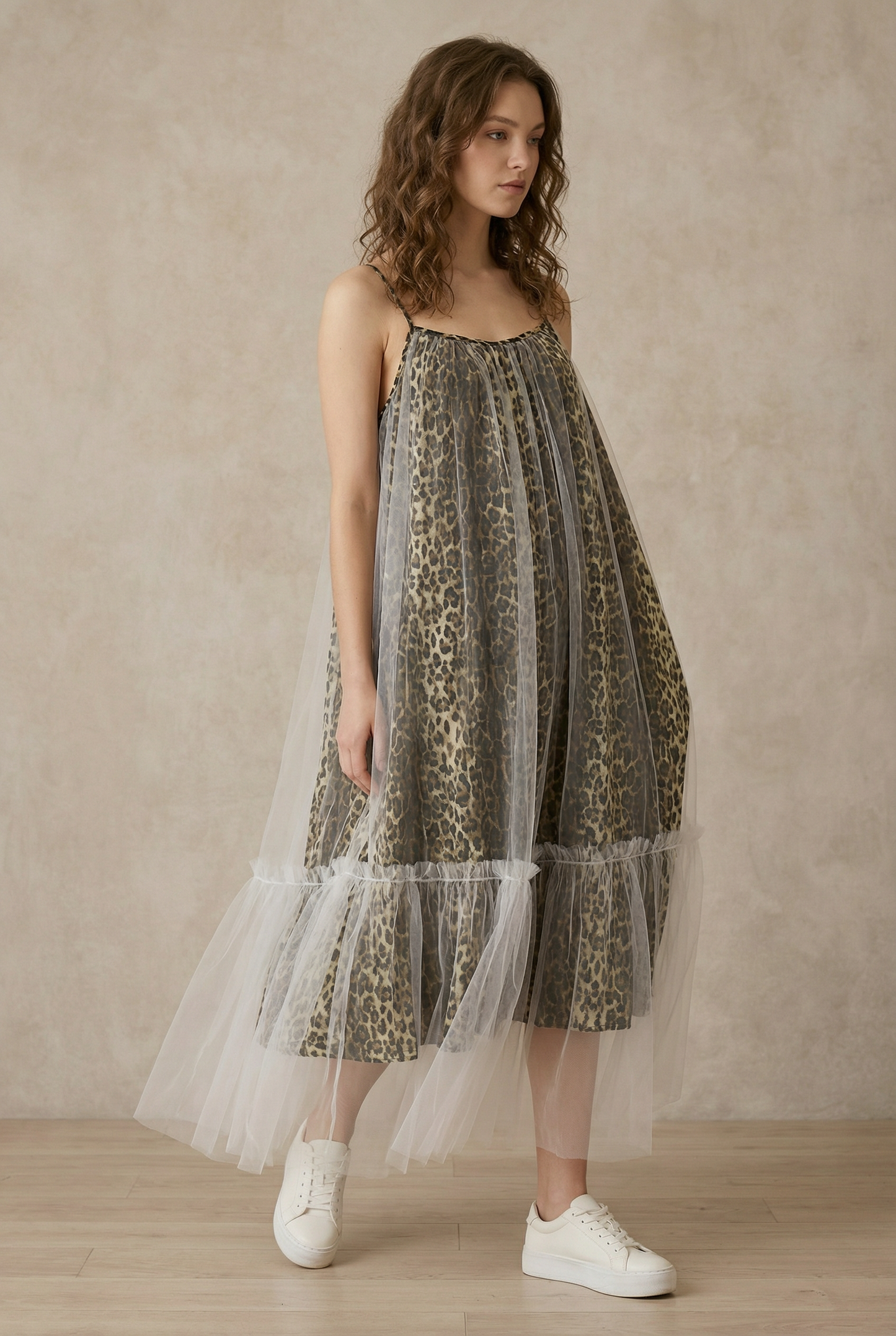 LEOPARD PRINT MESH DRESS WITH TULLE OVERLAY