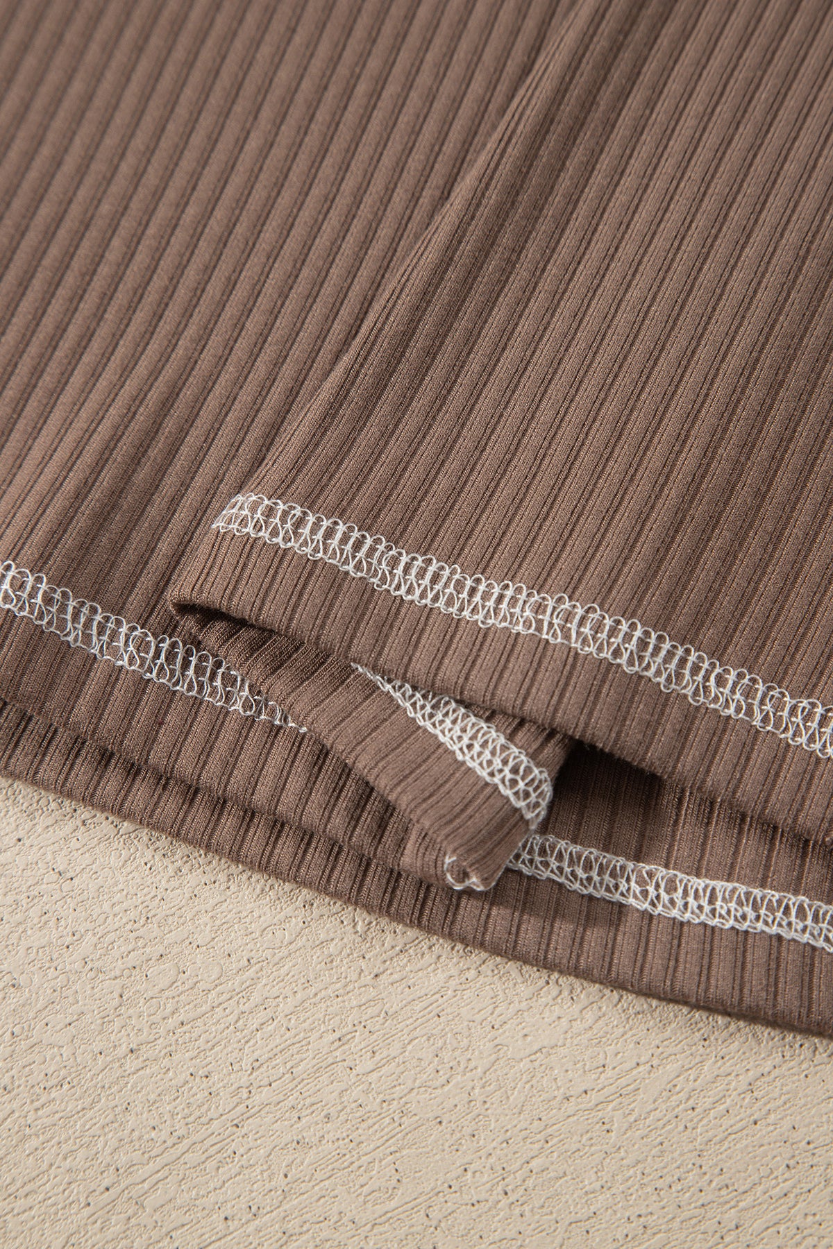 Dark Khaki V Neck Ribbed Long Sleeve Top