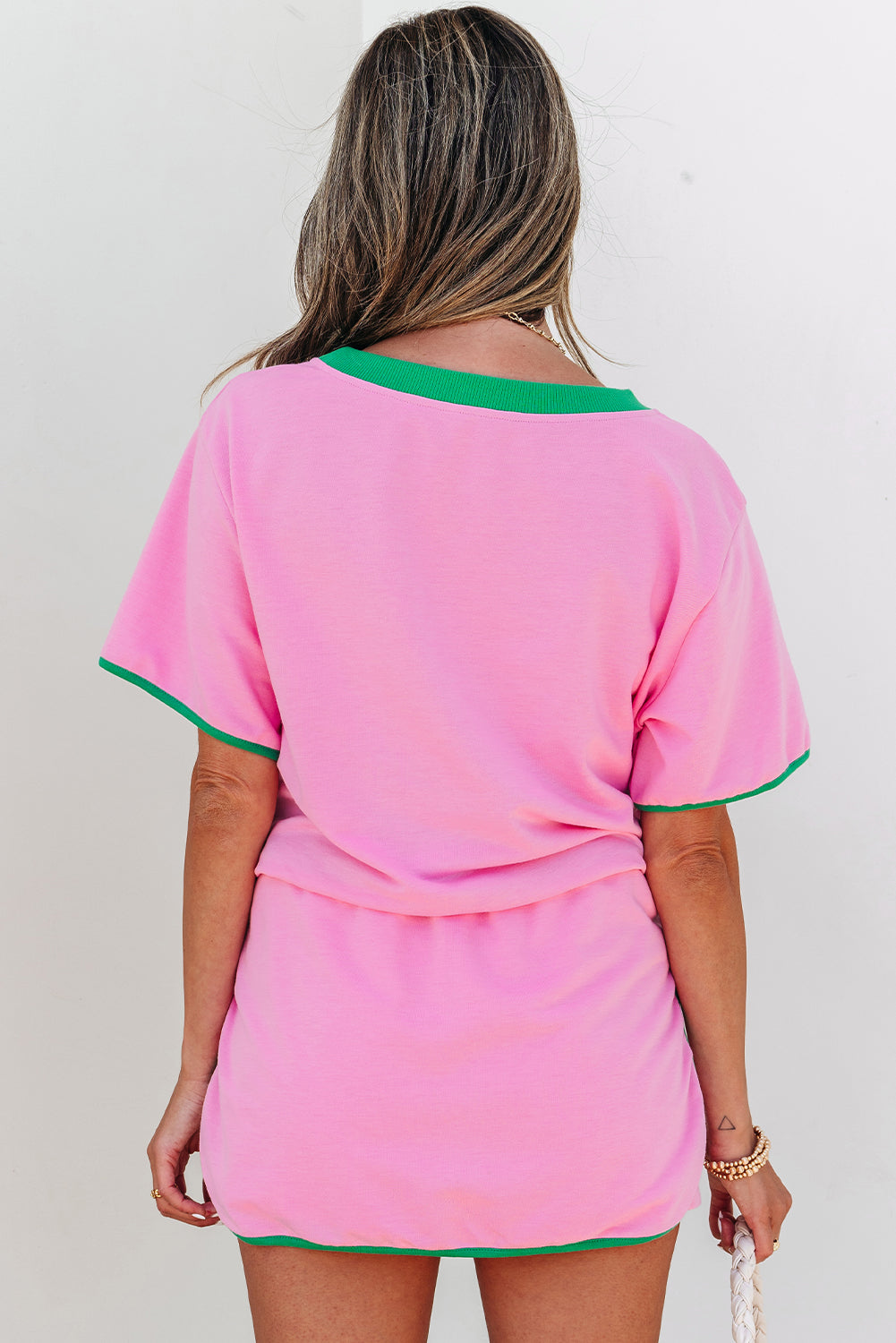 Rose Red Colorblock Edge Drop Shoulder T Shirt and Skort 2Pcs Set